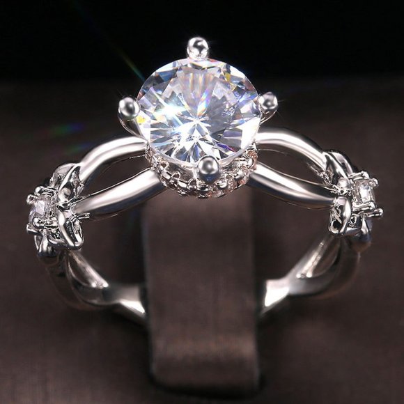NEW 925 Silver Solitaire Diamond Flower Ring B - Picture 4 of 6